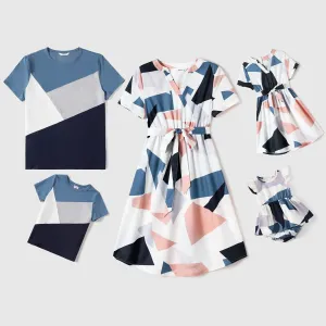 Family Matching Allover Geo Print V Neck Belted Short-sleeve Dresses and Colorblock T-shirts Sets #769297