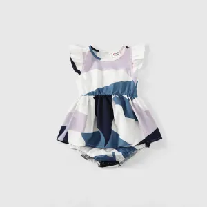 Family Matching Allover Geo Print V Neck Belted Short-sleeve Dresses and Colorblock T-shirts Sets #769305