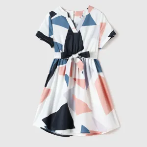 Family Matching Allover Geo Print V Neck Belted Short-sleeve Dresses and Colorblock T-shirts Sets #769309