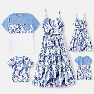 Family Matching Allover Leaf Print Naiaâ¢ Cami Dresses and Short-sleeve Colorblock T-shirts Sets #236719