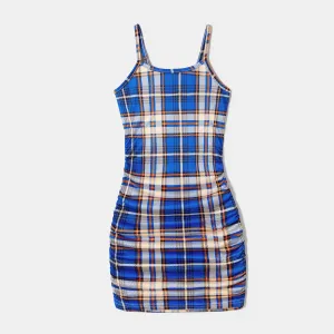Family Matching Allover Plaid Print Drawstring Ruched Bodycon Cami Dresses and Short-sleeve Plaid T-shirts Sets #1059855