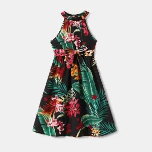 Family Matching Allover Plant Floral Print Halterneck Dresses and Short-sleeve Shirts Sets #1042292