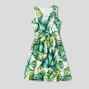 Family Matching Allover Plant Print Belted Tank Dresses and Short-sleeve T-shirts Sets #1046890