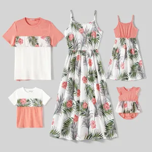 Family Matching Allover Plant Print Cami Dresses and Short-sleeve Colorblock Spliced T-shirts Sets #775969