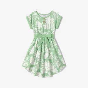 Family Matching Allover Plant Print Curved Hem Belted Dresses and Short-sleeve T-shirts Sets #1051459