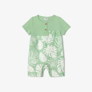 Family Matching Allover Plant Print Curved Hem Belted Dresses and Short-sleeve T-shirts Sets #1051464