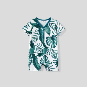 Family Matching Allover Plant Print Short-sleeve Belted Dresses and Patch Pocket Tank Tops Sets #1037358