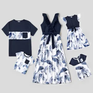 Family Matching Allover Print Naiaâ¢ Spliced Dresses and Short-sleeve T-shirts Sets #221646