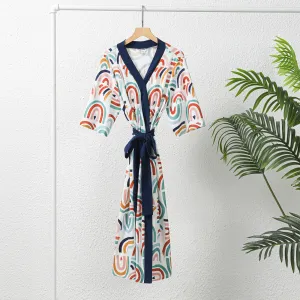 Family Matching Allover Rainbow Print Belted Robe or Swaddle Blanket or Cotton Letter Graphic Short-sleeve Tee Sets #920926