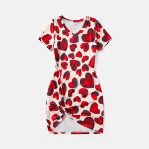 Family Matching Allover Red Heart Print Twist Knot Bodycon Dresses and Short-sleeve Colorblock T-shirts Sets #879886