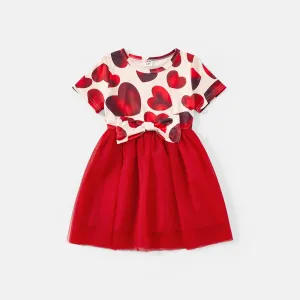 Family Matching Allover Red Heart Print Twist Knot Bodycon Dresses and Short-sleeve Colorblock T-shirts Sets #884114