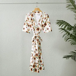 Family Matching Allover Sunflower Print Belted Robe and Swaddle Blanket or Cotton Colorblock Short-sleeve Tee Sets #908502