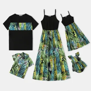 Family Matching Allover Tropical Plant Print Spliced Black Cami Dresses and Short-sleeve Tops Sets