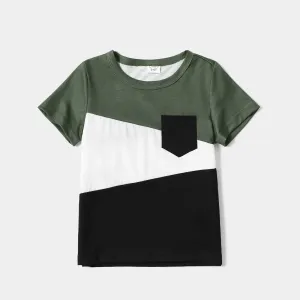 Family Matching Army Green Swiss Dots Cross Wrap V Neck Short-sleeve Dresses and Color Block T-shirts Sets #802905