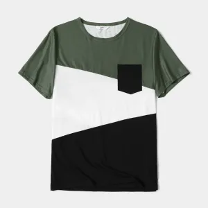 Family Matching Army Green Swiss Dots Cross Wrap V Neck Short-sleeve Dresses and Color Block T-shirts Sets #802918