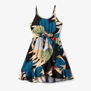 Family Matching Beach Shirt and Floral Chiffon Wrap Bottom Strap Dress Sets #1327019
