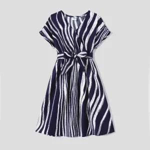 Family Matching Belted Striped Short-sleeve Dresses and Cotton Colorblock Short-sleeve T-shirts Sets #1047287