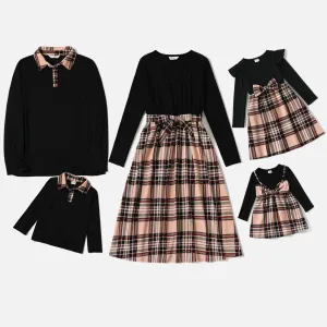 Family Matching Black Long-sleeve Splicing Plaid Dresses and Polo Shirts Sets #196179