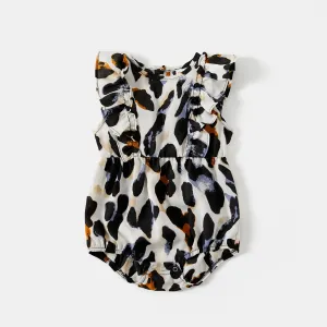 Family Matching Black Splice Leopard Off Shoulder Crisscross Front Short-sleeve Dresses and T-shirts Sets #200856