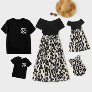 Family Matching Black Splice Leopard Off Shoulder Crisscross Front Short-sleeve Dresses and T-shirts Sets #200860