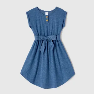 Family Matching Blue Cap-sleeve Belted Midi Dresses and Short-sleeve Striped Spliced T-shirts Sets #1210711