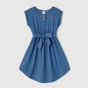 Family Matching Blue Cap-sleeve Belted Midi Dresses and Short-sleeve Striped Spliced T-shirts Sets #224151