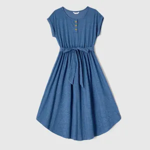 Family Matching Blue Cap-sleeve Belted Midi Dresses and Short-sleeve Striped Spliced T-shirts Sets #224155