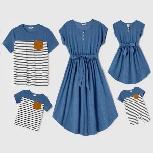 Family Matching Blue Cap-sleeve Belted Midi Dresses and Short-sleeve Striped Spliced T-shirts Sets #803199