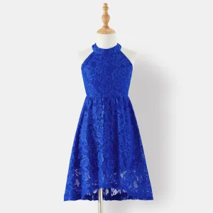 Family Matching Blue Lace Halter Sleeveless Dresses and Colorblock Short-sleeve Polo Shirts Sets #769366
