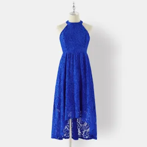 Family Matching Blue Lace Halter Sleeveless Dresses and Colorblock Short-sleeve Polo Shirts Sets #769373