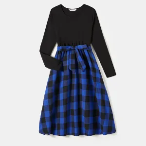 Family Matching Blue Long-sleeve Splicing Plaid Dresses and Polo Shirts Sets #1061206
