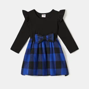 Family Matching Blue Long-sleeve Splicing Plaid Dresses and Polo Shirts Sets #1061220
