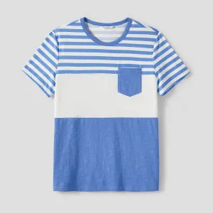 Family Matching Blue Short-sleeve Ruffle Hem Dresses and Naiaâ¢ Striped Colorblock T-shirts Sets #1041498