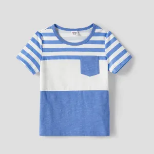 Family Matching Blue Short-sleeve Ruffle Hem Dresses and Naiaâ¢ Striped Colorblock T-shirts Sets