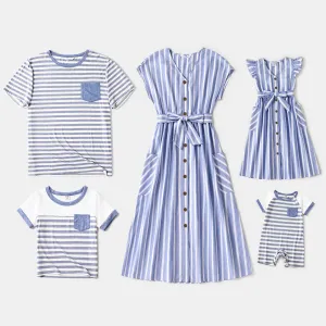 Family Matching Blue Striped V Neck Drop Shoulder Button Up Belted Dresses and Short-sleeve T-shirts Sets #768575