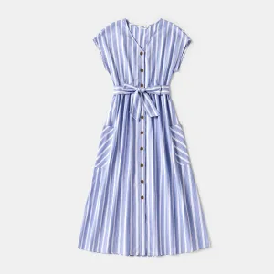 Family Matching Blue Striped V Neck Drop Shoulder Button Up Belted Dresses and Short-sleeve T-shirts Sets #768586