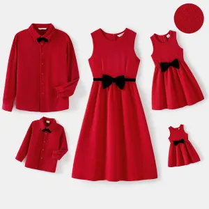 Family Matching Bow Front Red Heart Textured Tank Dresses and Long-sleeve Corduroy Shirts Sets #213707