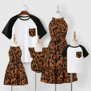 Family Matching Brown Leopard Halter Neck Sleeveless Belted Dresses and Raglan-sleeve T-shirts Sets #197789