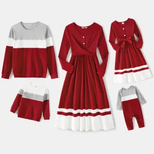 Family Matching Burgundy Ribbed Crisscross Pleated Midi Dresses and Long-sleeve Colorblock Tops Sets