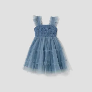 Family Matching Button Tee and Shirred Spliced Tiered Mesh A-Line Dress Sets #1321691