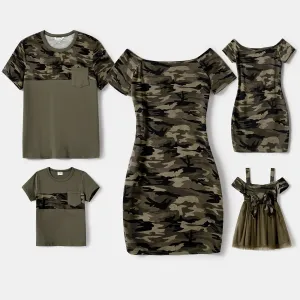 Family Matching Camouflage Tunic Dresses and Patch Pocket T-shirts Sets #920371