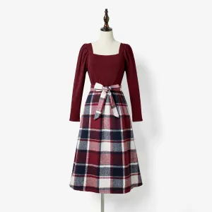 Family Matching Casual Long Sleeve Plaid Design Shirts and Knit Splicing Belted Dresses Sets #1315534