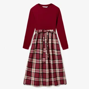 Family Matching Casual Long-sleeve Plaid Splicing Belted Dresses and Shirts Sets #1211054