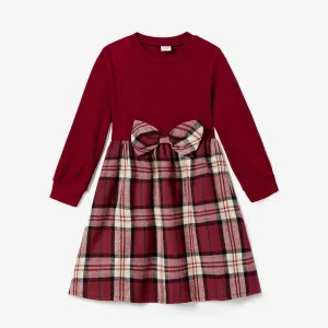 Family Matching Casual Long-sleeve Plaid Splicing Belted Dresses and Shirts Sets #1211056