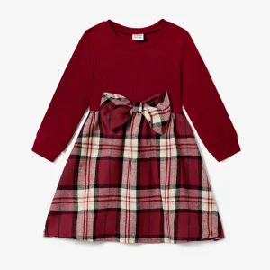 Family Matching Casual Long-sleeve Plaid Splicing Belted Dresses and Shirts Sets #1211063