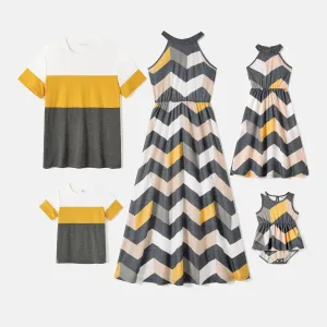 Family Matching Chevron Striped Halter Maxi Dresses and Short-sleeve Colorblock T-shirts Sets #800880