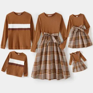 Family Matching Coffee Ribbed Spliced Plaid Belted Dresses and Long-sleeve Colorblock Tops Set #807592