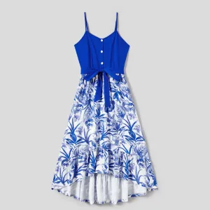 Family Matching Color Block Sleeveless Shirt and Floral Cami Button Hi-Low Dress Sets