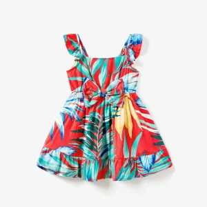 Family Matching Color Block Tee and Drawstring Tropical Leaf Printed Shirred Back Strap Dress Sets #1338222