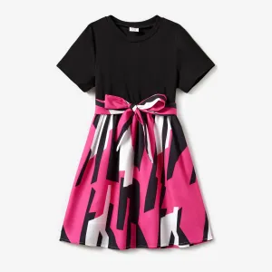 Family Matching Color Block Tee and Geometric Pattern Dress Sets